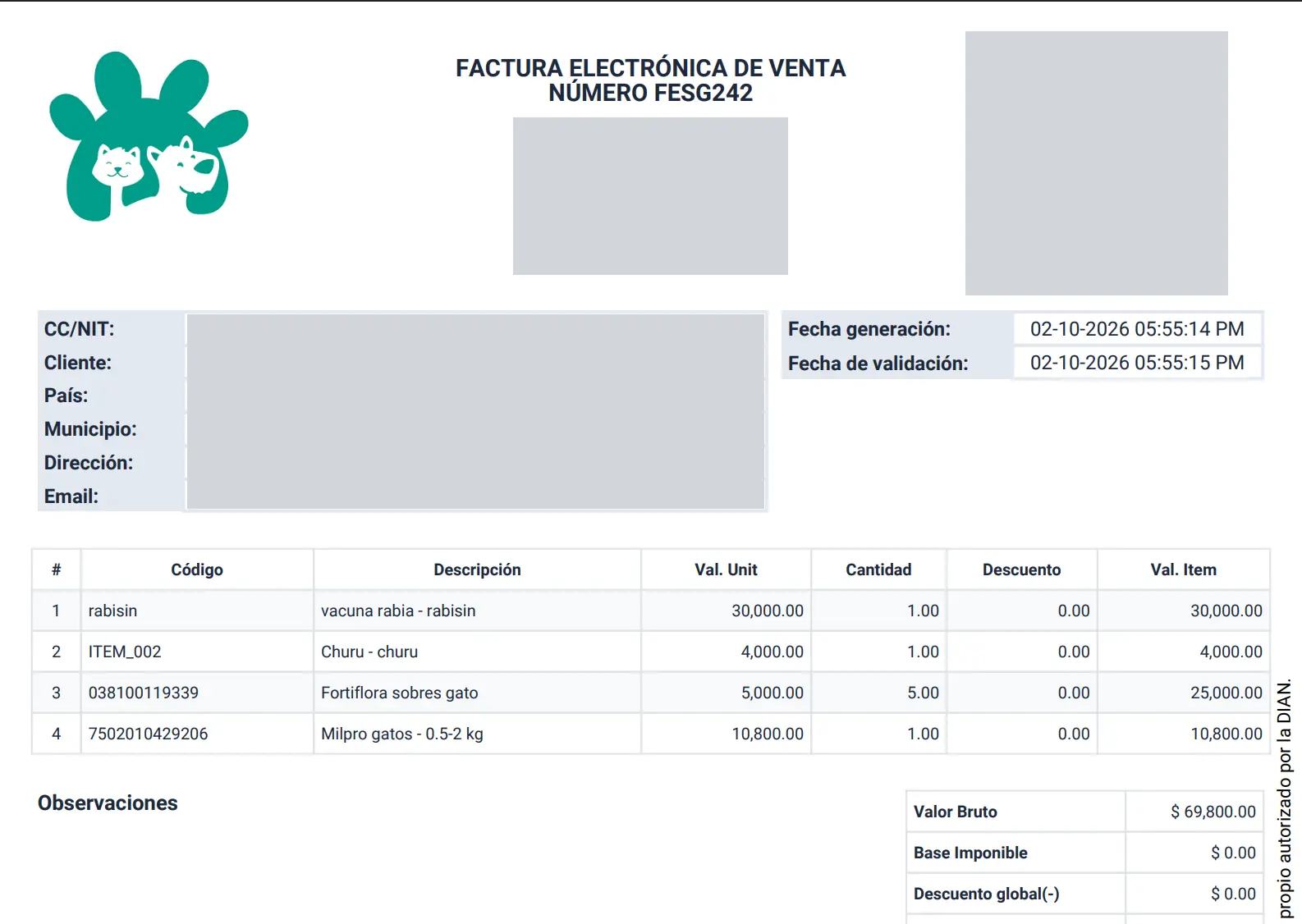 Factura electrónica de venta validada por la DIAN emitida desde DogtorSoftware, con vacuna, snacks y alimento para mascotas
