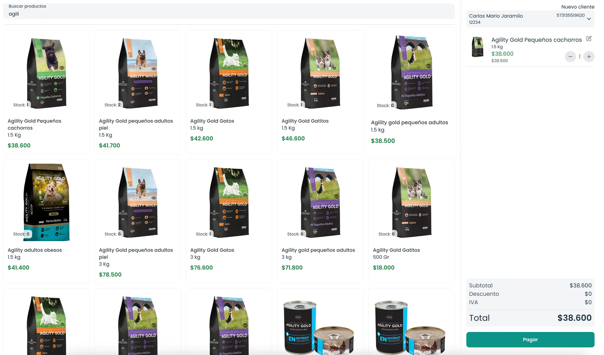 Punto de venta de DogtorSoftware con alimentos para mascotas, su stock y precio, y el carrito con el total de la venta